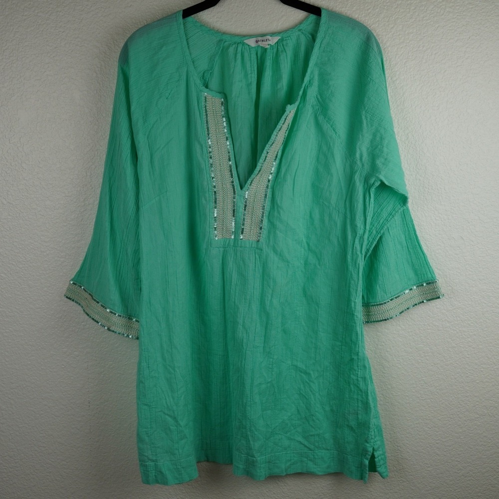ATHLETA‎ Mariana Tunic Top Boho Cover Up Mint Green Sequin Trim Summer M